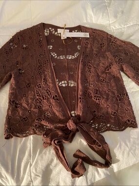 🤎House of Harlow 1960 Brown Crochet Tie-Front Cardigan🤎